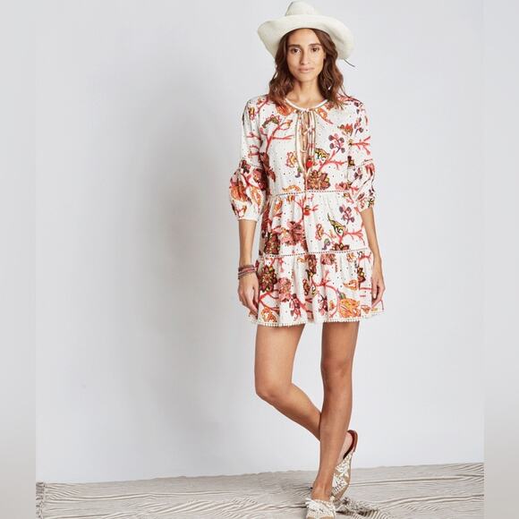 Gianni Bini Dresses & Skirts - Gianni Bini 3/4 Sleeve Mini‎ Dress Babydoll Tassels Cotton Boho Floral Eyelet XS